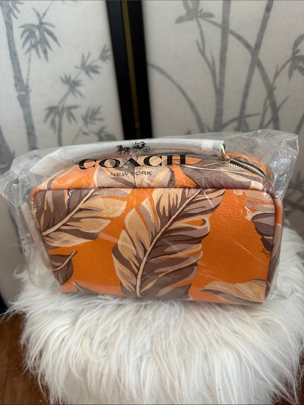 NWT Coach Banana Leaf Print Cosmetic Makeup Zippered Pouch, Orange/Brown